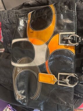 Coach Patchwork Leather Shoulder Bag in Black, Orange, White
